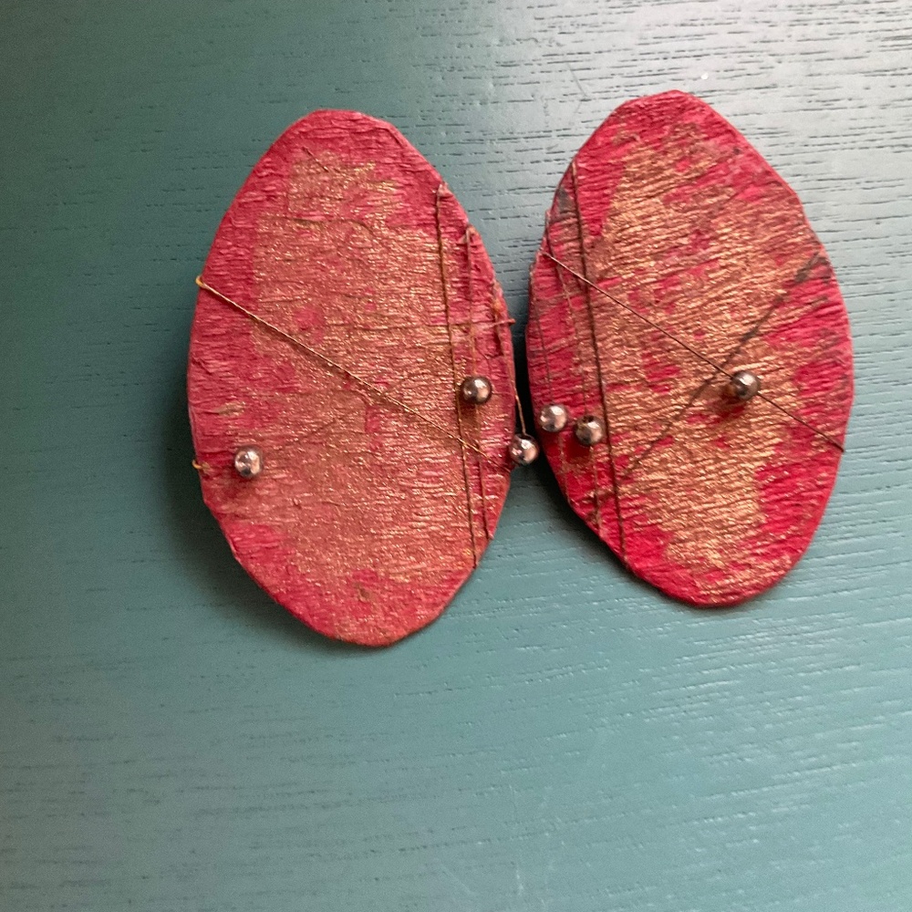 Vintage art deco earrings, red and gold with gold wire and beads.